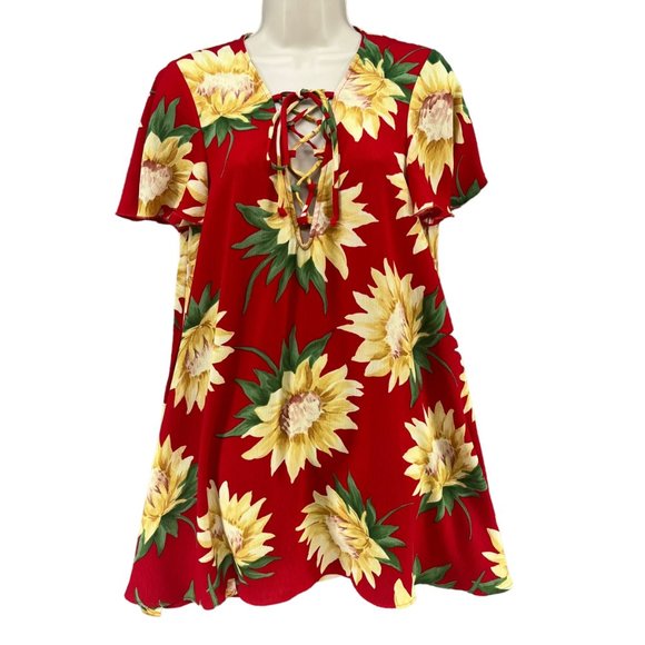 Show Me Your Mumu Kylie Lace Up Dress Red Yellow Floral Short Sleeve Mini Sz XS - Picture 1 of 9
